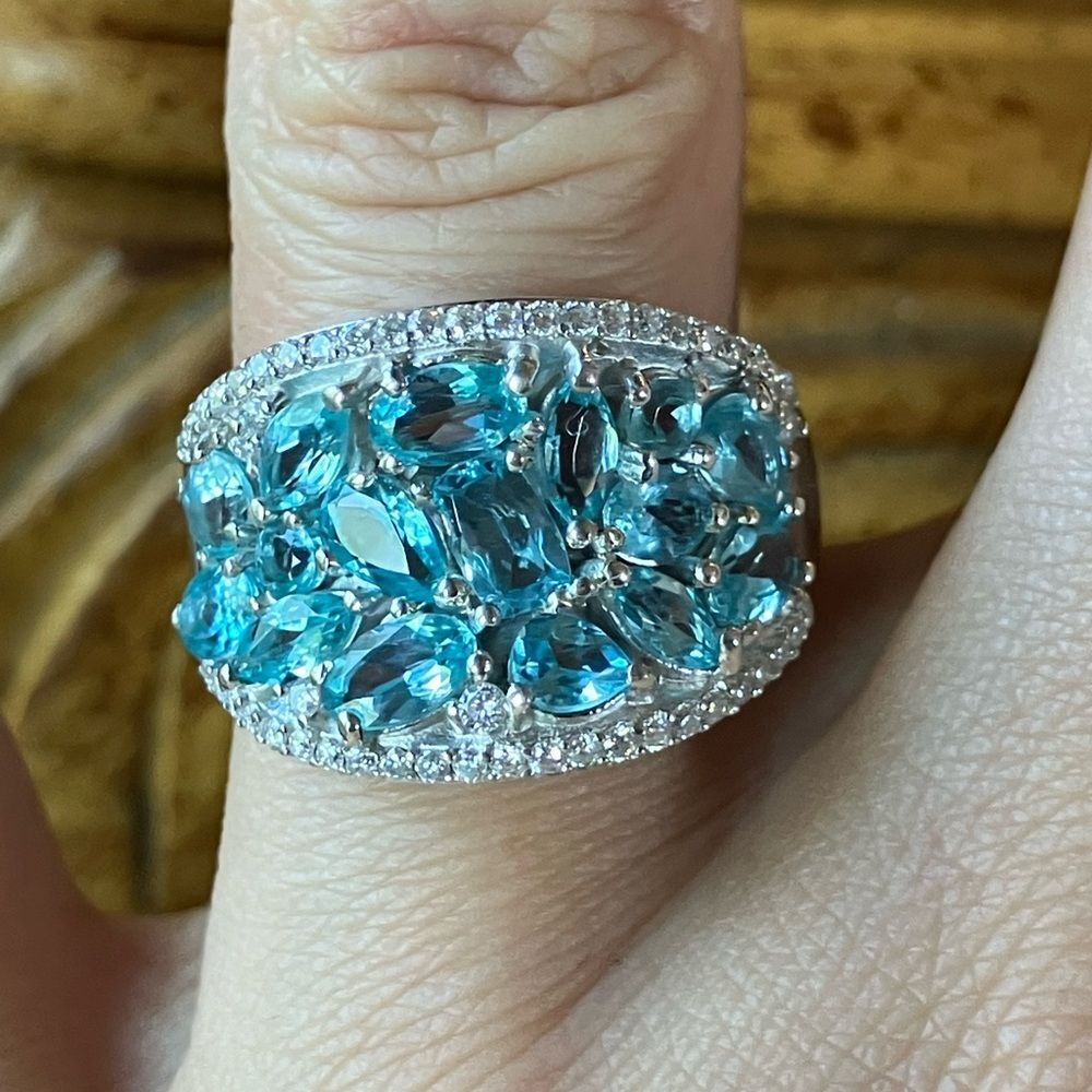 Natural Blue Apatite Moissanite Sterling Silver Ring Size 7